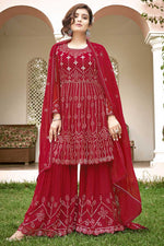Load image into Gallery viewer, Sangeet Wear Georgette Fabric Red Color Supreme Sharara Suit
