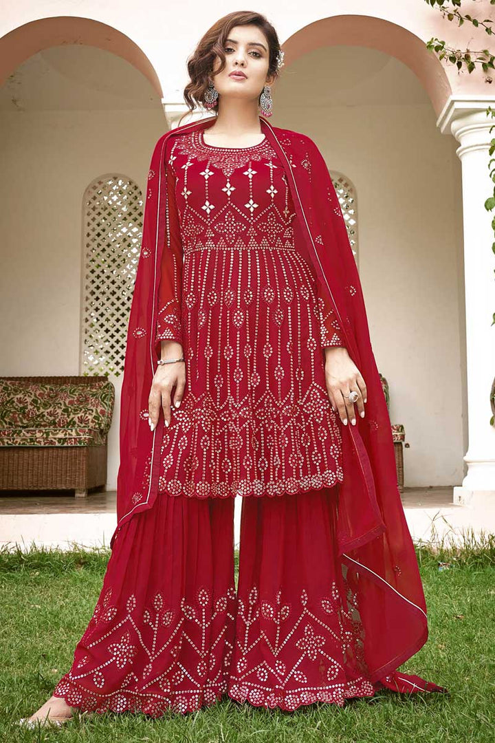 Sangeet Wear Georgette Fabric Red Color Supreme Sharara Suit