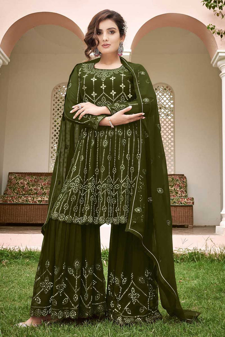 Georgette Fabric Sangeet Wear Vintage Sharara Suit In Mehendi Green Color