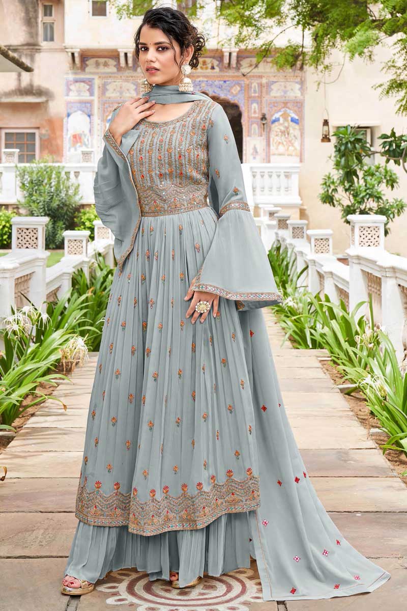 Georgette Fabric Grey Color Excellent Palazzo Suit