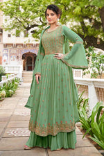 Load image into Gallery viewer, Glamorous Georgette Fabric Sea Green Color Palazzo Suit
