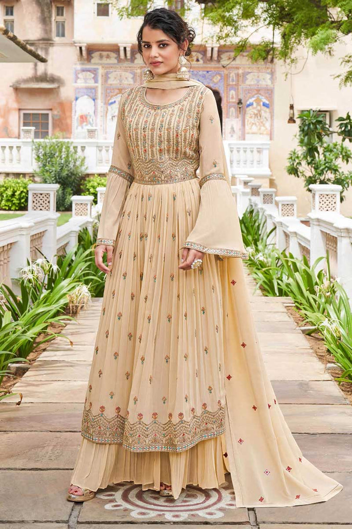 Beige Color Glittering Georgette Fabric Palazzo Suit