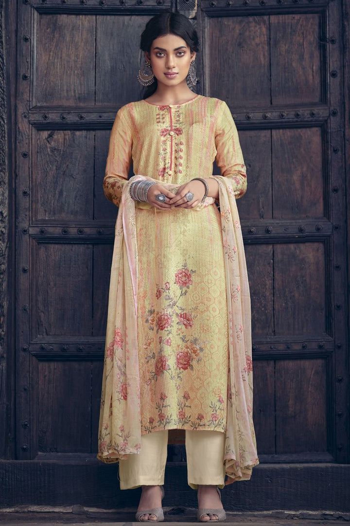 Beige Color Casual Wear Elegant Printed Fancy Fabric Straight Cut Dress