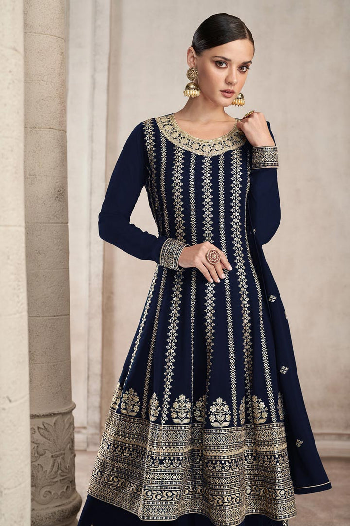 Navy Blue Color Wonderful Embroidered Palazzo Suit In Georgette Fabric