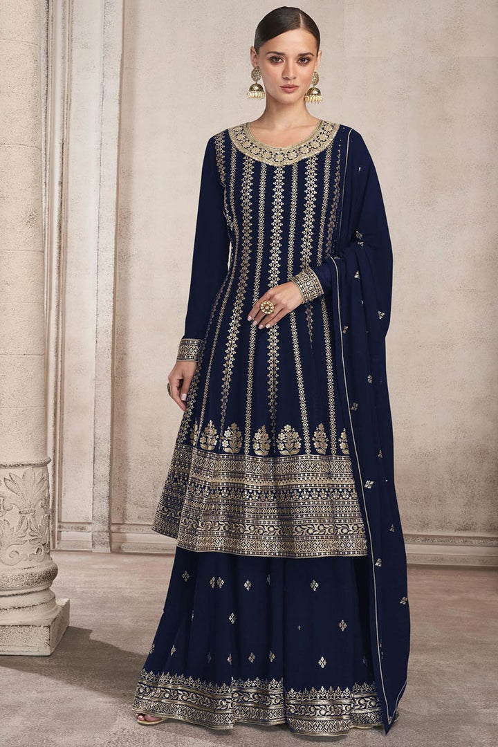 Navy Blue Color Wonderful Embroidered Palazzo Suit In Georgette Fabric