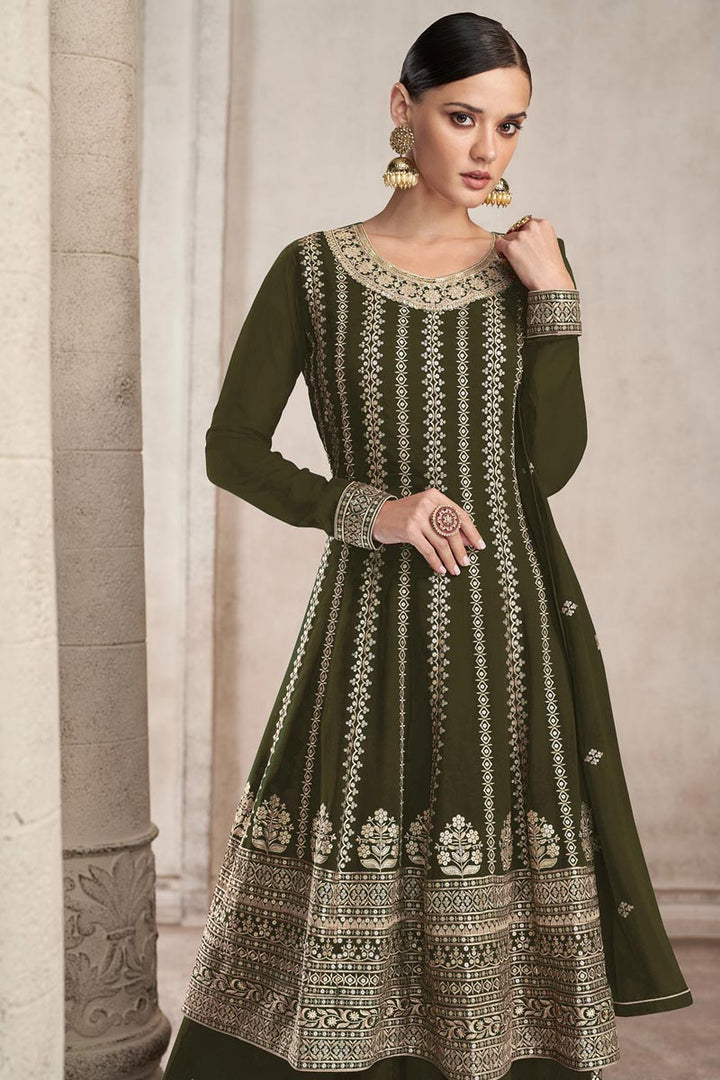 Georgette Fabric Beguiling Mehendi Green Color Embroidered Palazzo Suit