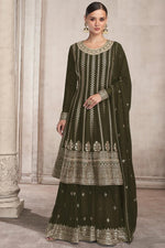 Load image into Gallery viewer, Georgette Fabric Beguiling Mehendi Green Color Embroidered Palazzo Suit
