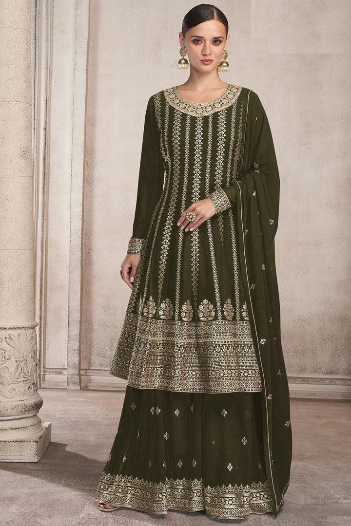 Georgette Fabric Beguiling Mehendi Green Color Embroidered Palazzo Suit