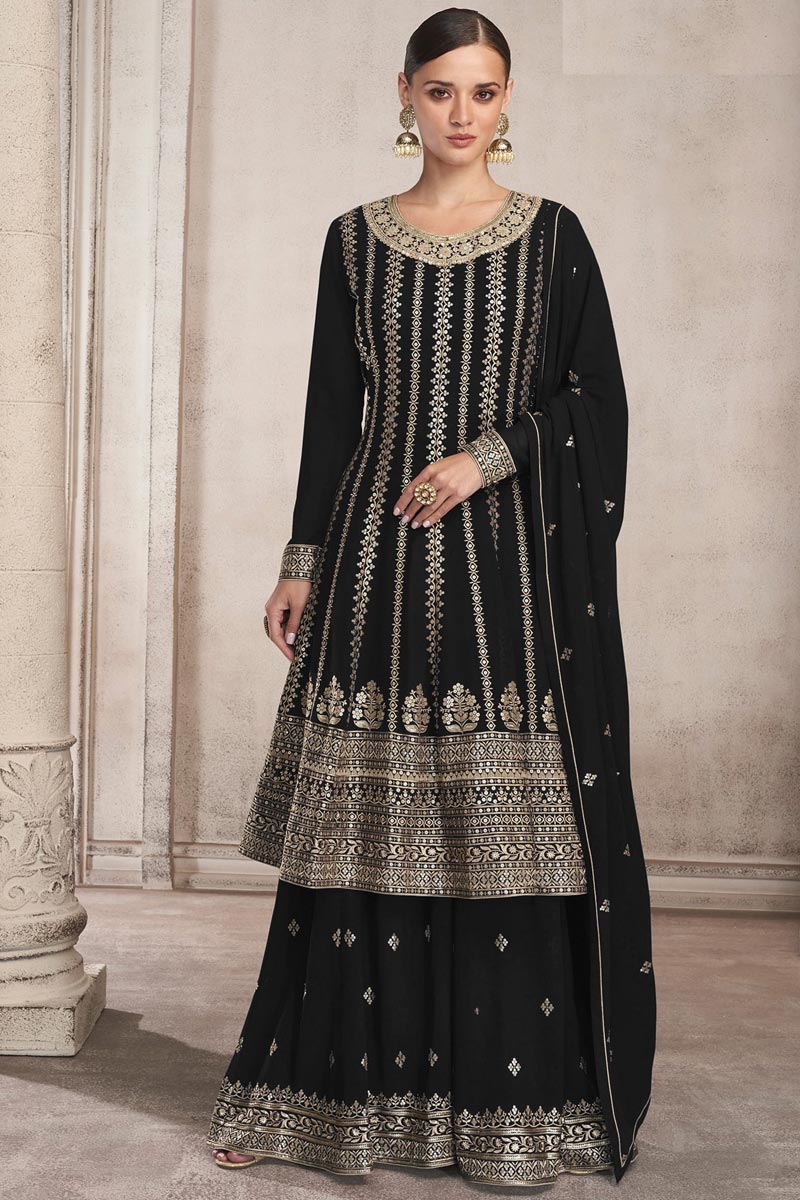 Black Color Georgette Fabric Embellished Embroidered Palazzo Suit