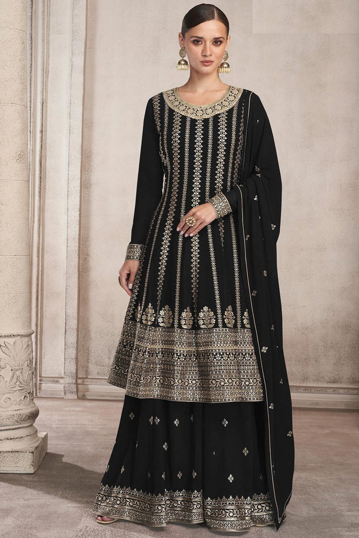 Black Color Georgette Fabric Embellished Embroidered Palazzo Suit