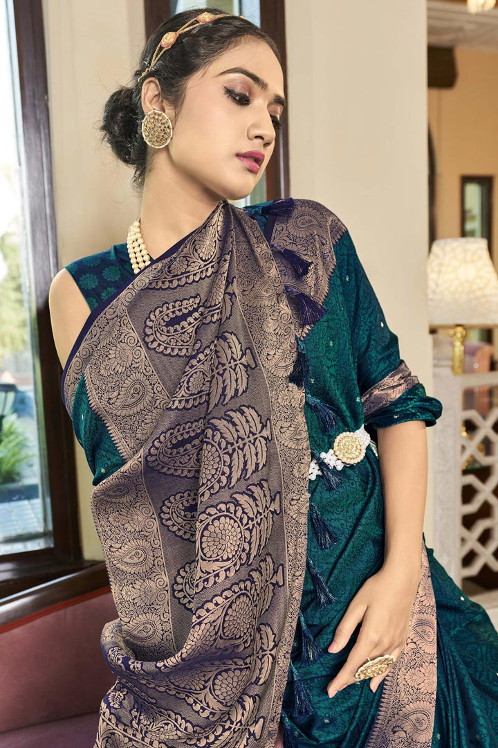Art Silk Fabric Enthralling Teal Color Festive Wear Saree