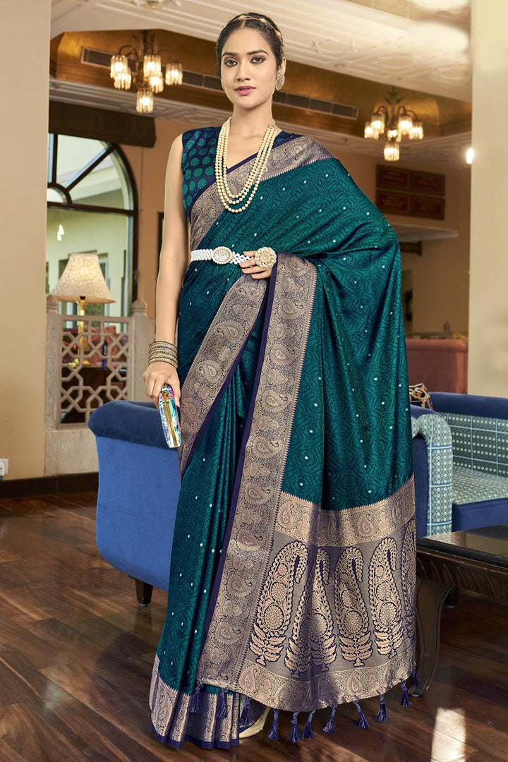 Art Silk Fabric Enthralling Teal Color Festive Wear Saree
