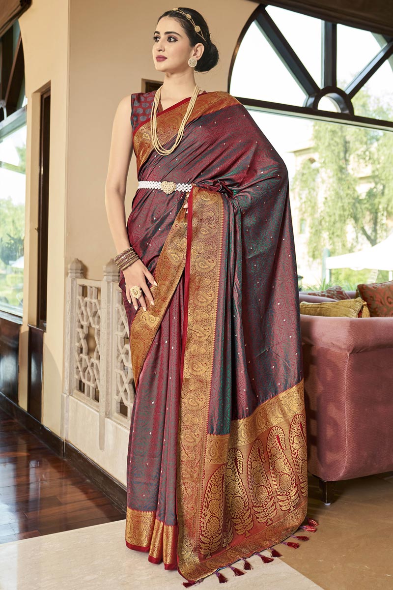 Festive Wear Grey Color Art Silk Fabric Admirable Saree