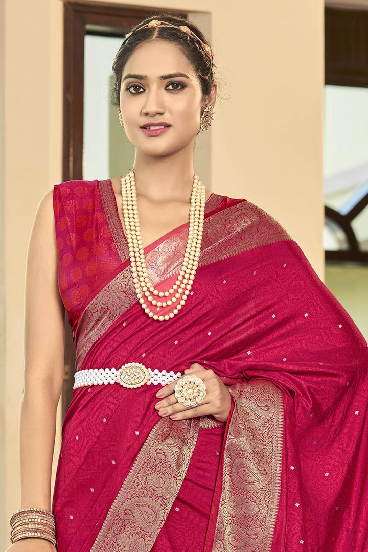 Intricate Rani Color Festive Wear Art Silk Fabric Saree