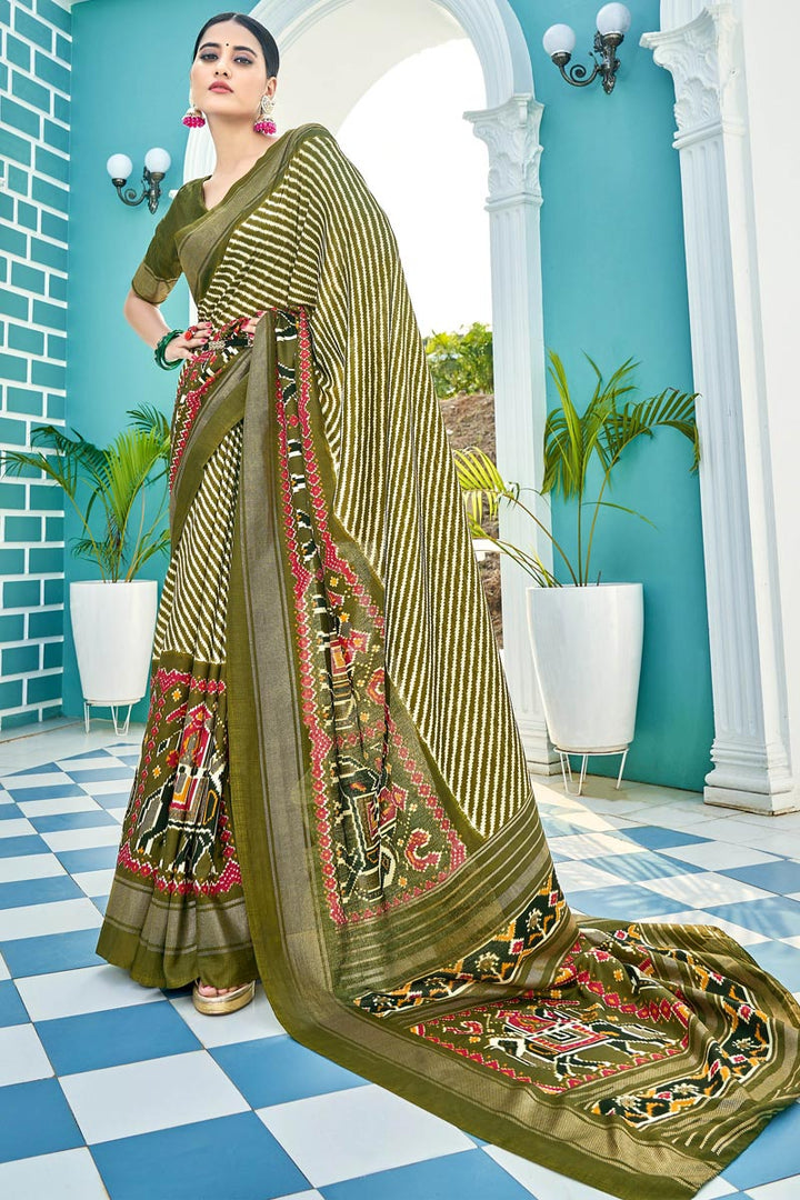 Art Silk Fabric Tempting Casual Wear Printed Saree In Mehendi Green Color