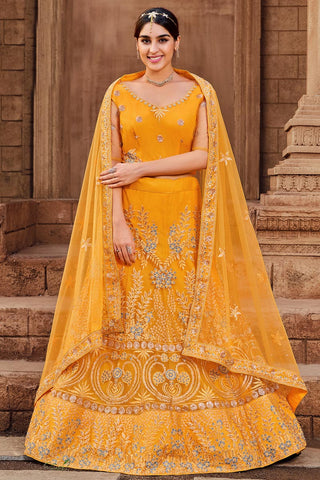 Net Fabric Brilliant Function Wear Lehenga In Yellow Color