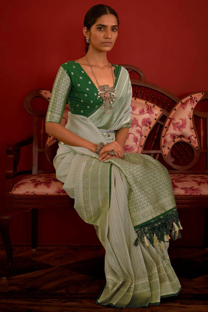 Sea Green Color Wonderful Jacquard Work Party Look Saree In Art Silk Fabric
