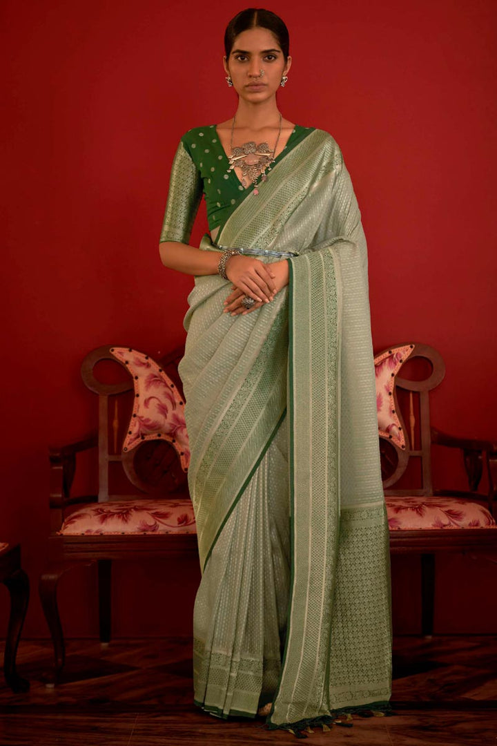 Sea Green Color Wonderful Jacquard Work Party Look Saree In Art Silk Fabric