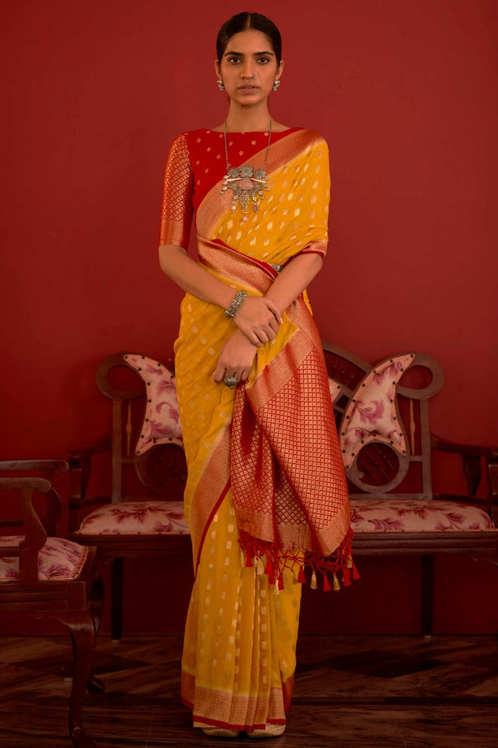 Art Silk Fabric Beguiling Mustard Color Jacquard Work Party Look Saree