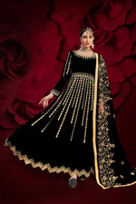Load image into Gallery viewer, Reception Wear Georgette Fabric Black Color Stylish Embroidered Anarkali Dress
