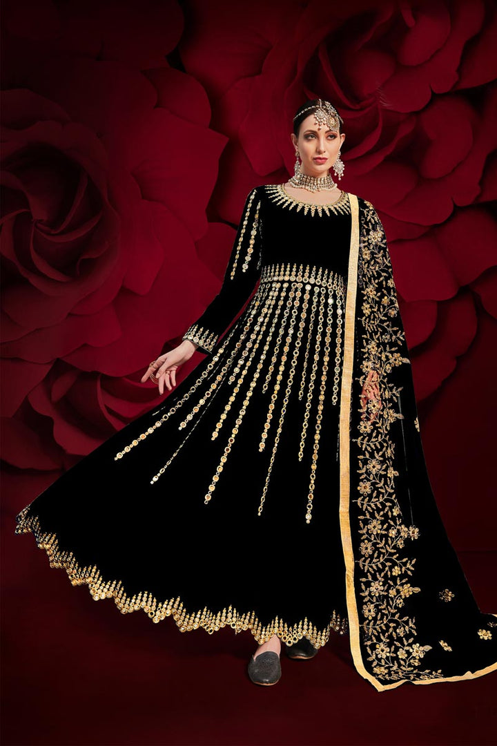 Reception Wear Georgette Fabric Black Color Stylish Embroidered Anarkali Dress