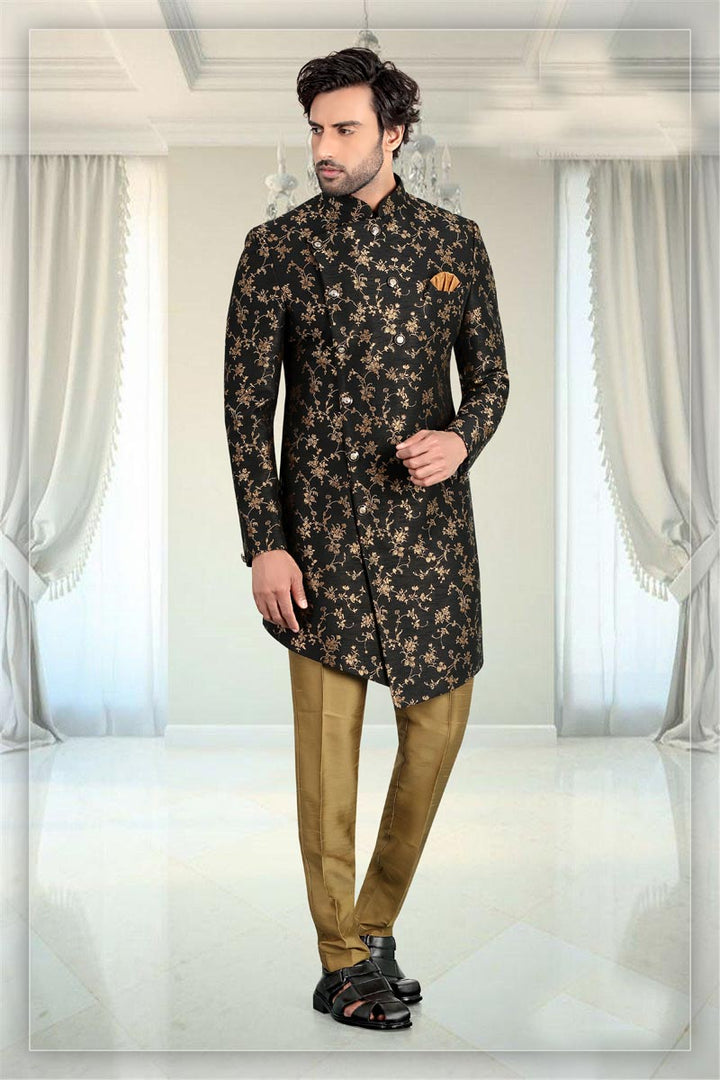 Black Color Jacquard Fabric Function Wear Readymade Mens Indo Western