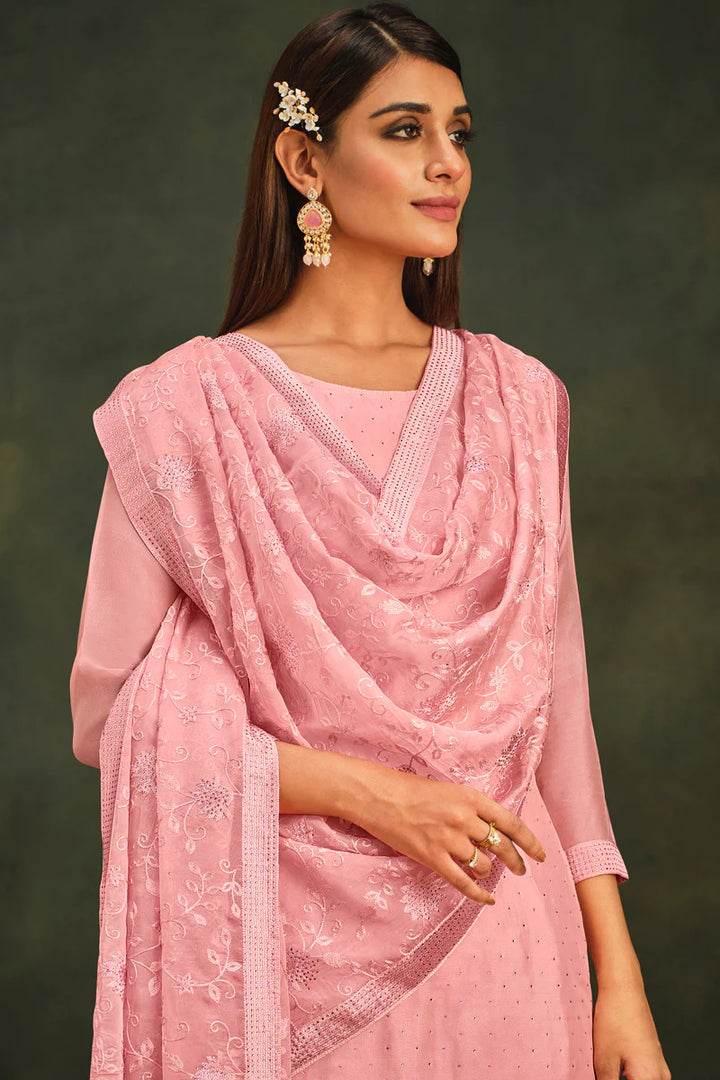 Radiant Organza Fabric Festive Look Pink Salwar Suit