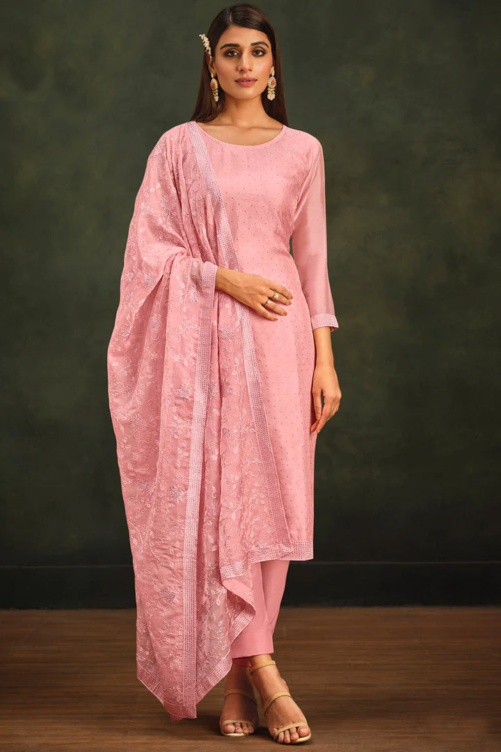 Radiant Organza Fabric Festive Look Pink Salwar Suit