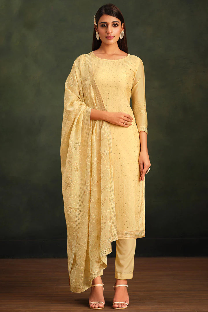 Organza Fabric Attractive Festive Look Yellow Salwar Suit