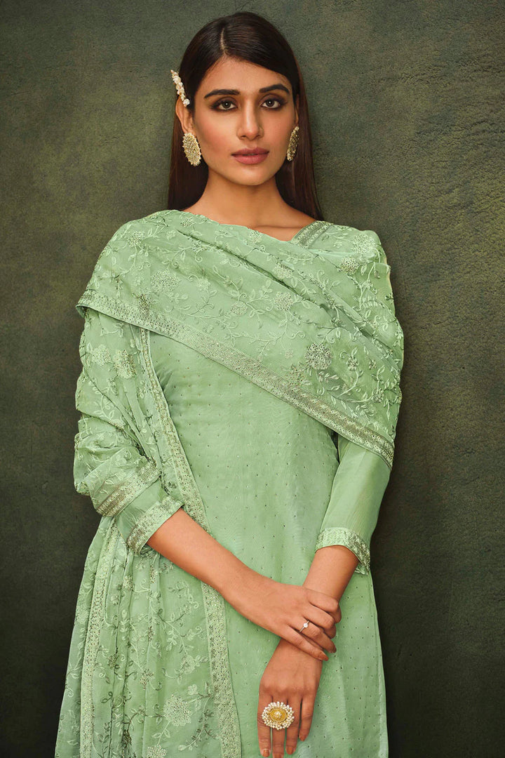 Organza Fabric Elegant Festive Look Sea Green Salwar Suit