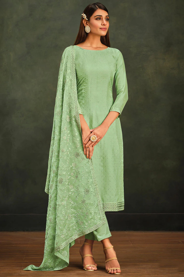 Organza Fabric Elegant Festive Look Sea Green Salwar Suit