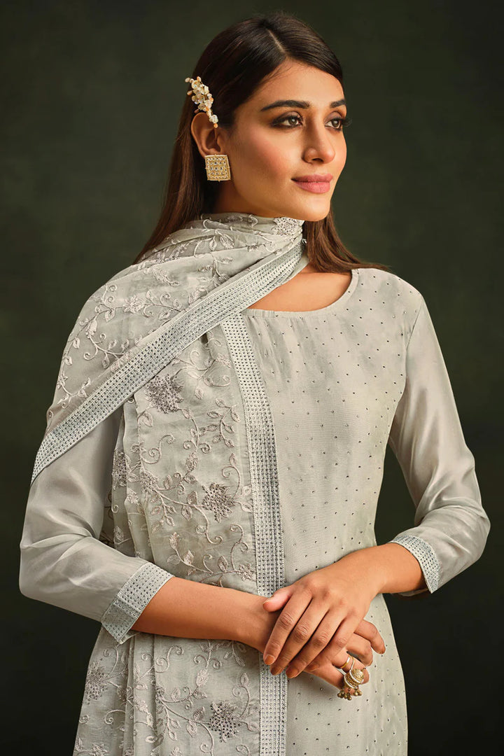 Embellished Festive Look Grey Color Salwar Suit In Organza Fabric