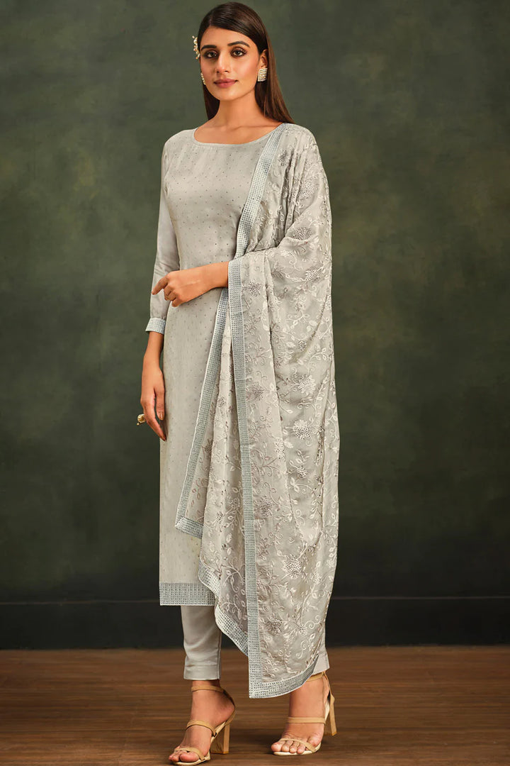 Embellished Festive Look Grey Color Salwar Suit In Organza Fabric