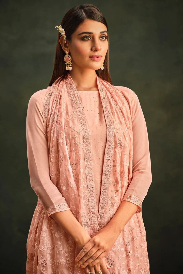 Festive Look Trendy Peach Salwar Suit In Organza Fabric