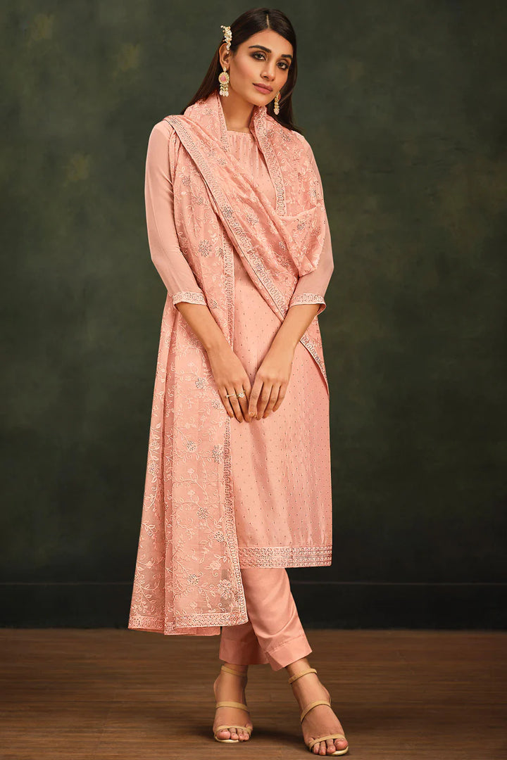 Festive Look Trendy Peach Salwar Suit In Organza Fabric