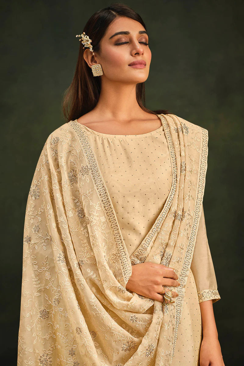 Stunning Organza Fabric Festive Look Beige Salwar Suit