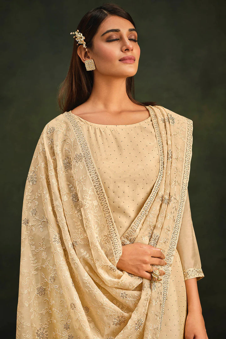 Stunning Organza Fabric Festive Look Beige Salwar Suit
