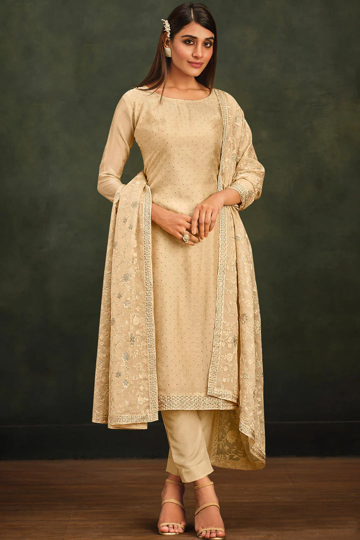 Stunning Organza Fabric Festive Look Beige Salwar Suit