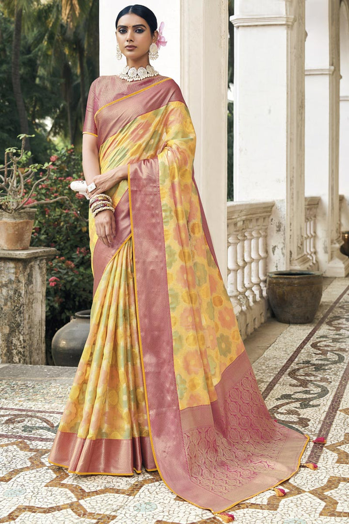 Art Silk Fabric Function Style Stunning Saree In Yellow Color