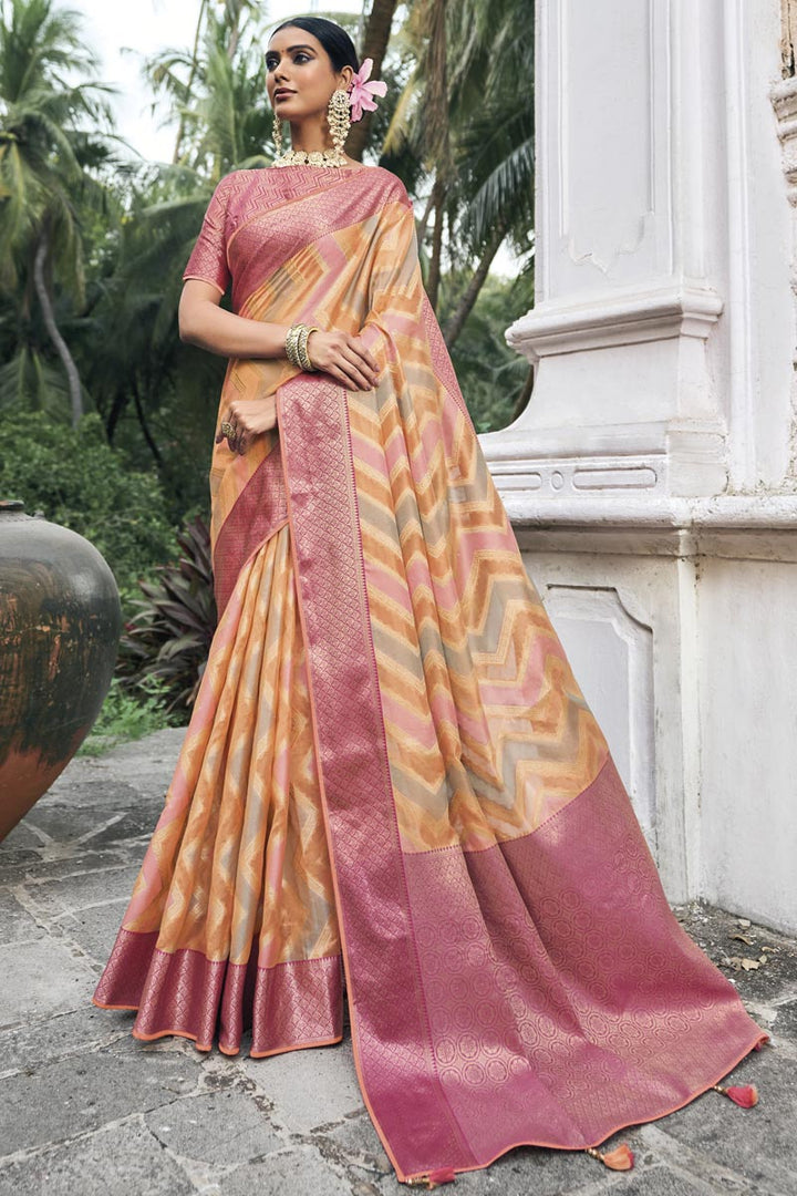 Orange Color Art Silk Fabric Pleasant Function Style Saree