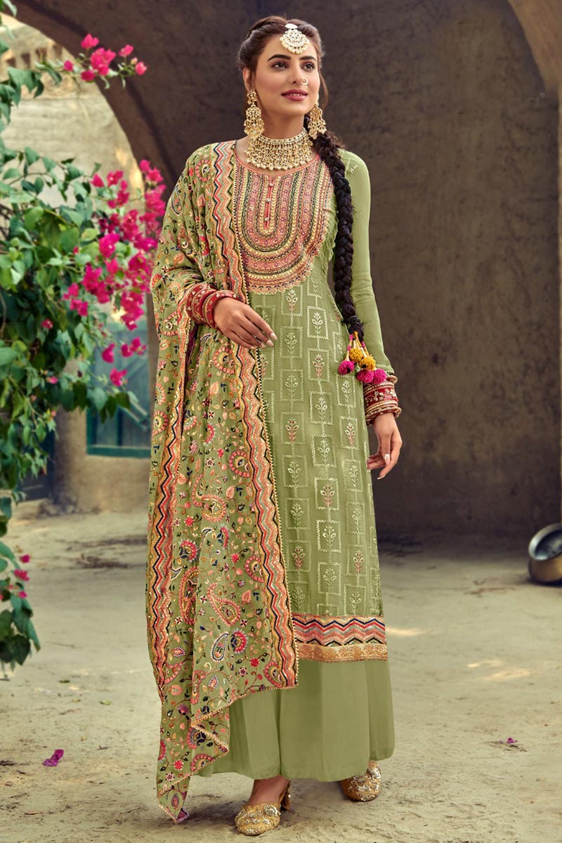 Georgette Fabric Party Wear Sea Green Color Designer Embroidered Palazzo Suit