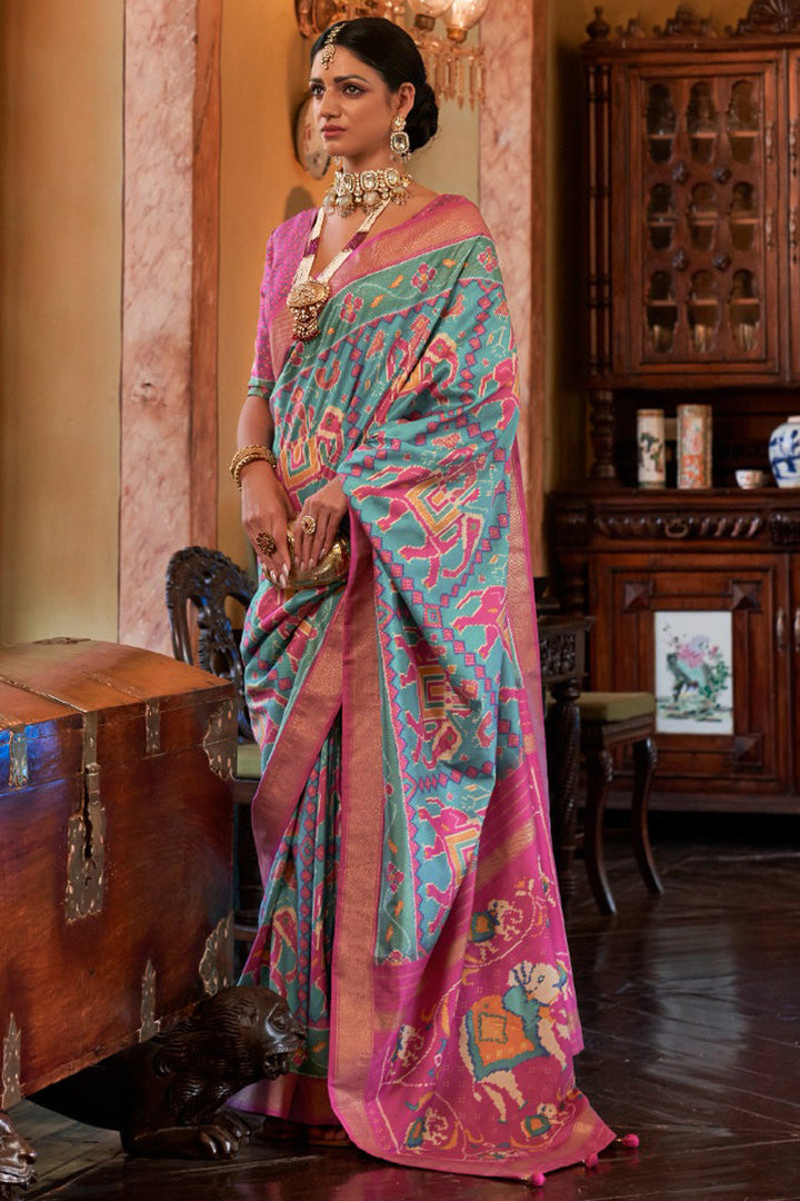 Excellent Art Silk Fabric Cyan Color Digital Printed Saree