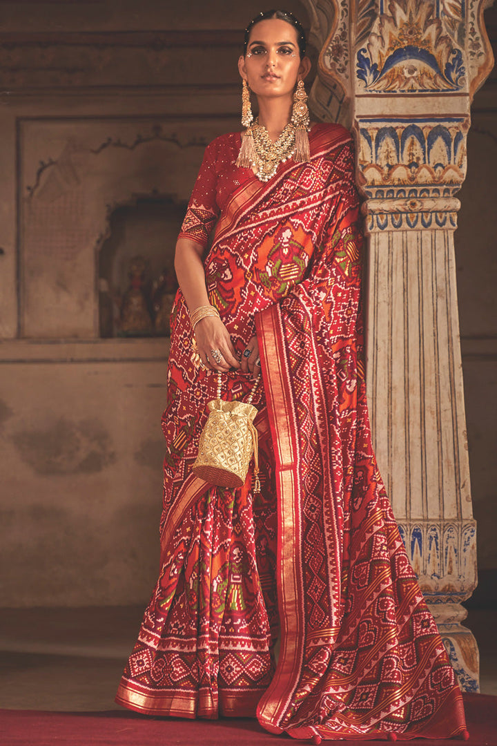 Alluring Red Color Printed Patola Silk Saree