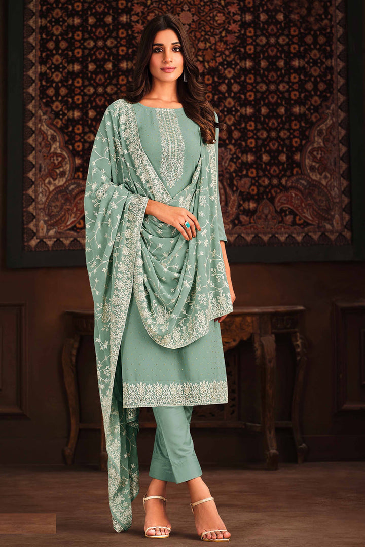 Alluring Georgette Sea Green Color Festive Wear Salwar Suit