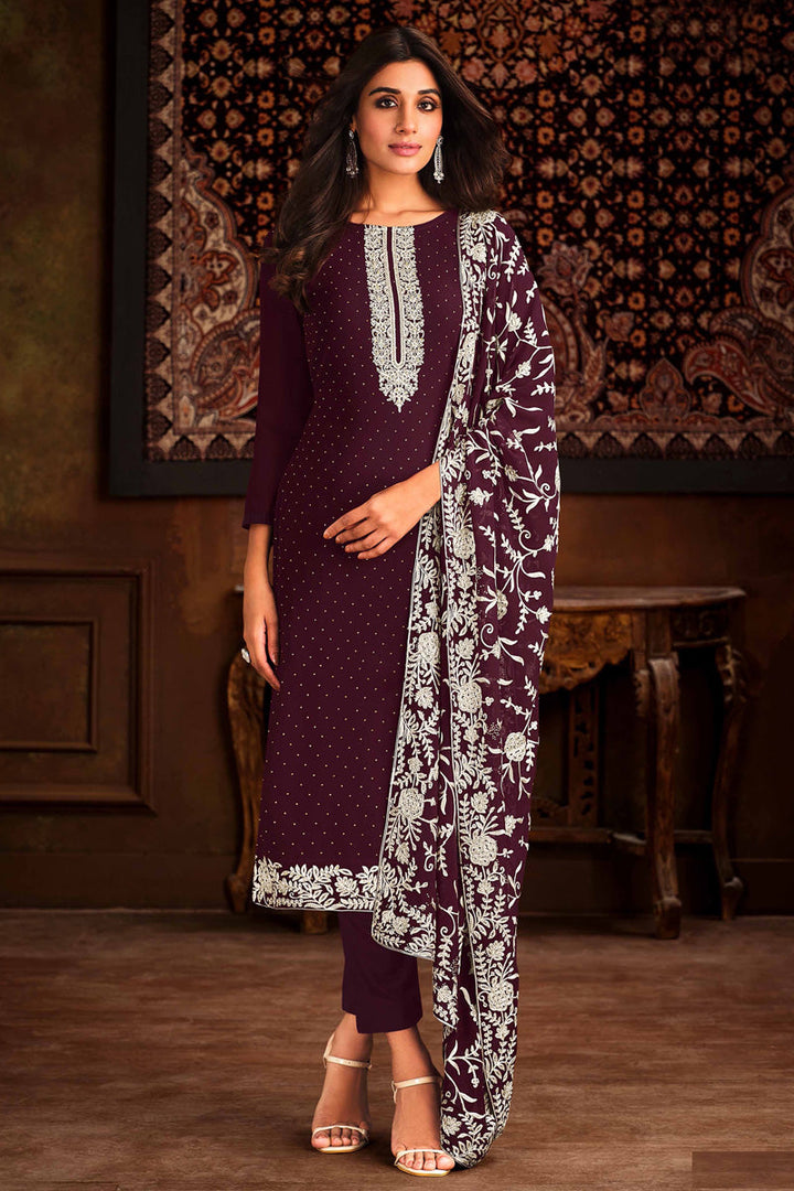 Wine Color Georgette Elegant Festive Wear Salwar Suit