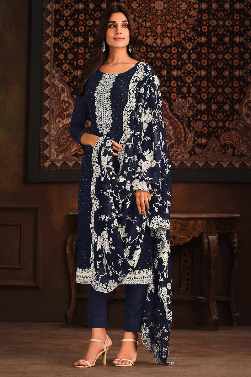 Charming Navy Blue Color Georgette Festive Wear Salwar Suit