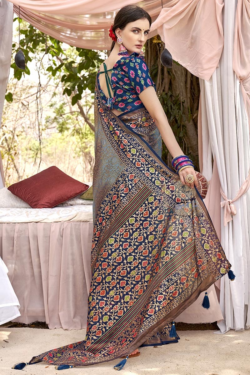 Radiant Blue Color Printed Brasso Fabric Casual Look Saree