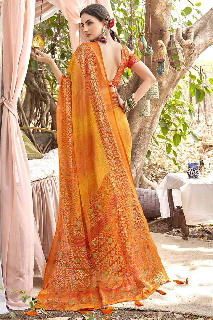Vintage Printed Brasso Fabric Casual Look YellowColor Saree