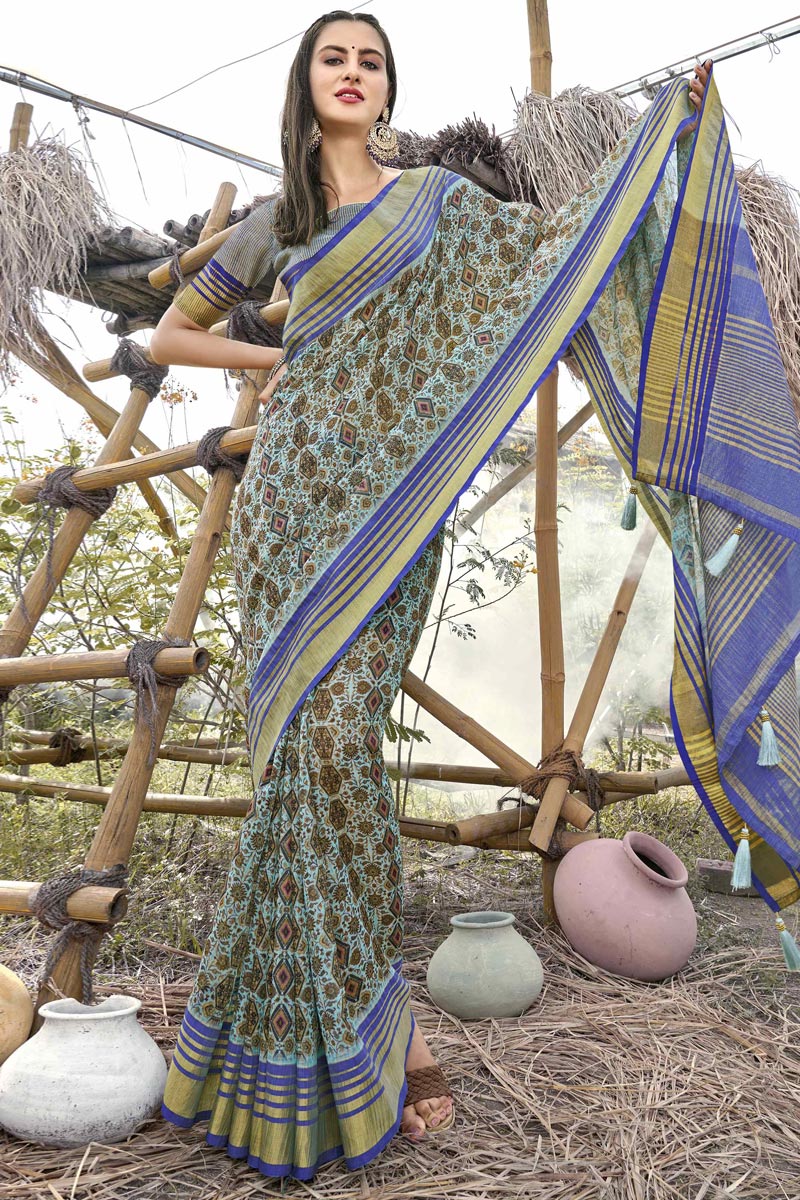 Tempting Linen Cotton Fabric Light Cyan Color Saree With Printed Work | Buy Online India