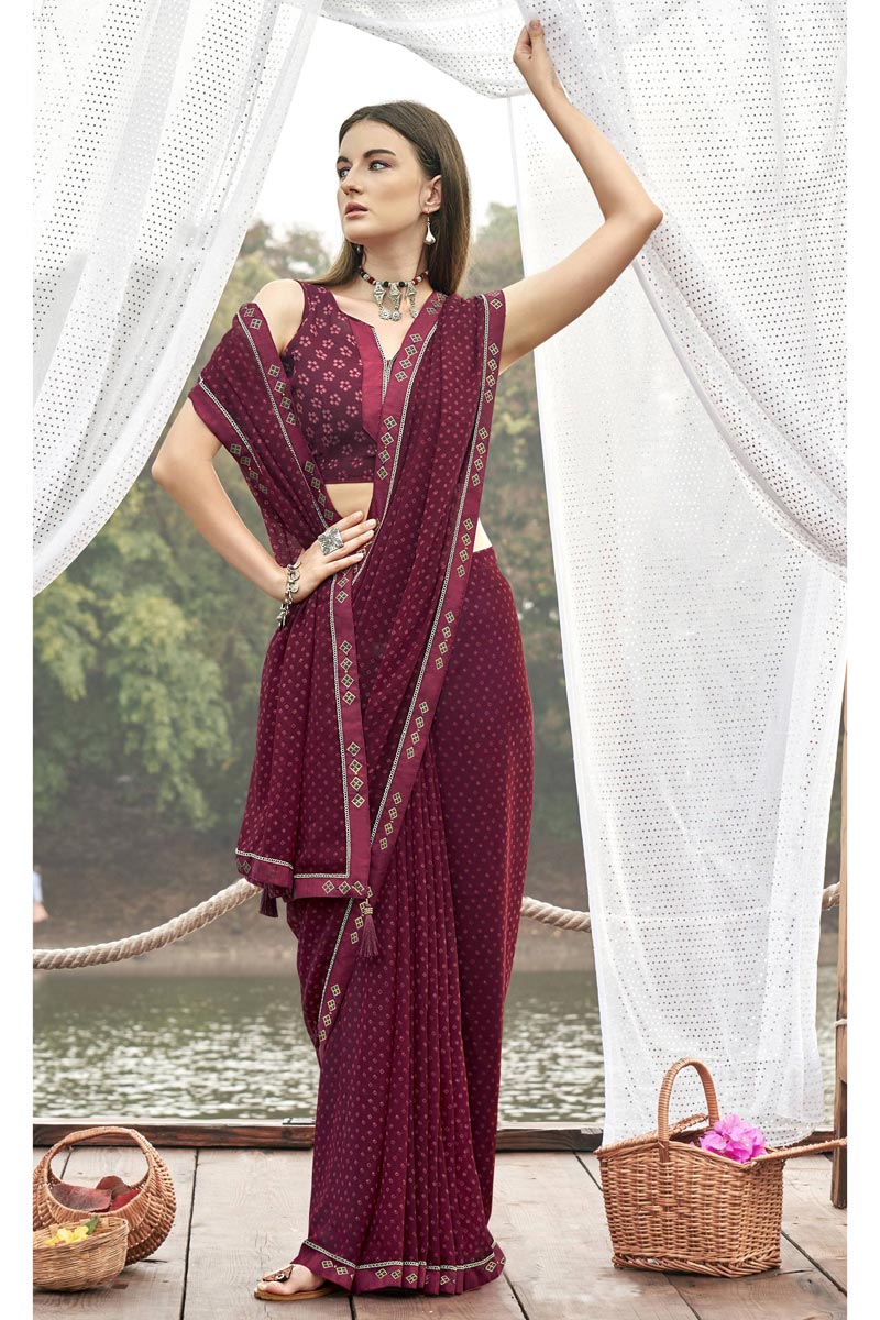 Awesome Printed Georgette Fabric Magenta Color Saree | Buy Online India